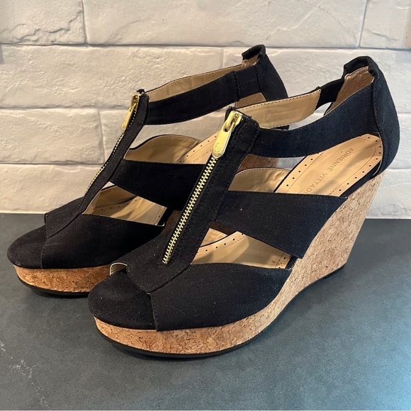 Adrienne Vittadini sz 11 Cresta black fabric platform wedge sandals - Picture 1 of 11